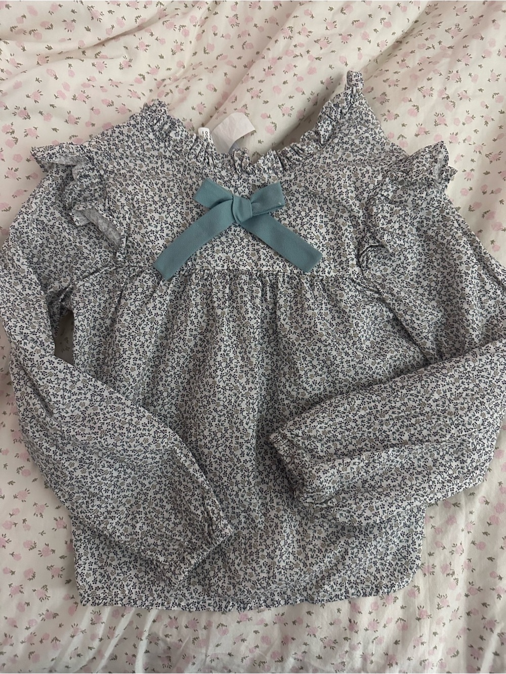 bella bliss Blue Floral Ruffle Top with Teal Bow
